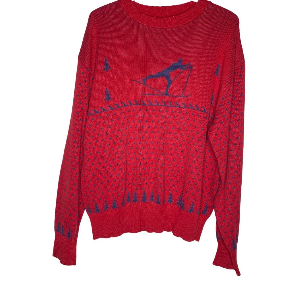 Vintage 80s Winona Knits Skiing Sweater XL Red Made in USA Preppy Crew Neck